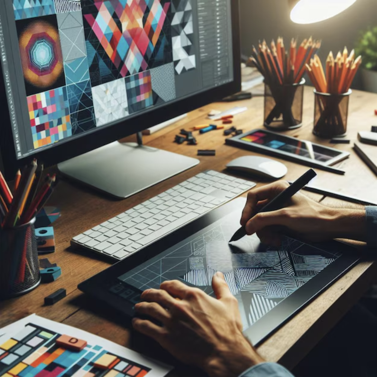 Une personne travaille sur un ordinateur avec une tablette et un stylo, illustrant le design graphique.